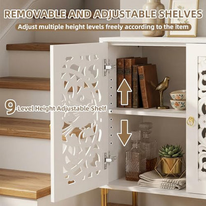 DHZ Accent Cabinet with Doors, Hollow-Carved Pattern Buffet Cabinet with Storage, Freestanding Sideboard Cabinet for Living Room Dining Room Entryway