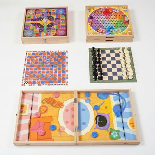 5-in-1 Magnetic Wooden Board Game Set, Premium Beech Wood Frame Family Game Center for Kids & Adults