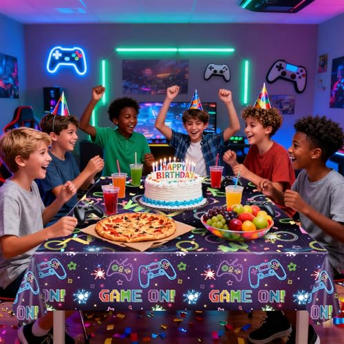 3 Pack Gaming Party Tablecloths – Video Game Birthday Supplies, Kids Gamer Party, Console & Controller Decorations, Neon Gaming Tablecloths Disposable Table Covers (Game) - color: Game Tablecovers