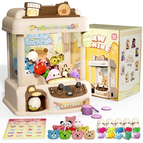 Large Capybara Claw Machine for Kids, Arcade Prize Grabber with 30 Starter Prizes, 3-Joystick Controls, Lights and Music, Gift for Ages 3 and Up - color: Brown and Beige