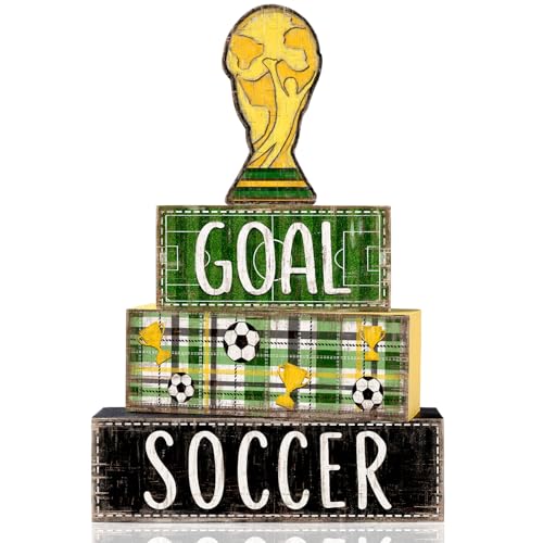 DIYDEC 4Pcs Soccer Tabletop Decorations Wooden Trophy Block Signs Gift Rustic Football Tiered Tray Decor Soccer Centerpiece World Cup Table Sign for Home Office Tabletop Fireplace Party Decor - style: Soccer Trophy