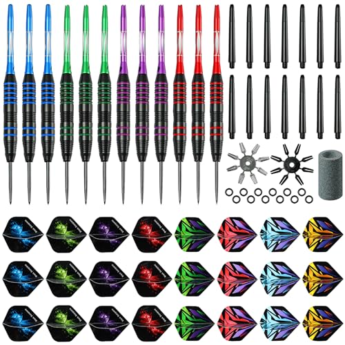 WINSDART Darts Metal Tip Set Professional Metal Darts for Dartboard Steel Tip Darts with Nonslip Iron Barrel Aluminum Dart Shafts,Extra Flights,Dart Sharpener,Gift Box - style: Colorful Engraved Darts Set