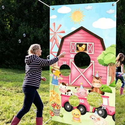 Farm Animal Bean Bag Toss Game, Bean Bag Toss Game, Pink Animal Print Banner with 3 Bean Bags for Outdoor Indoor Games Family Activity Birthday Party Decorations Supplies