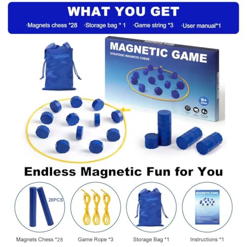 Magnetic Chess Game with 28 Travel-Stones, Magnet Chess 3 String & Portable Storage Bag, for Family & Party & Travel & Camping, Exciting Magnetic Game for Family Game Night - size: 28 Magnet