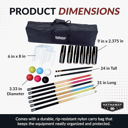 Hathaway Deluxe 6-Player Croquet Set for Adults, Kids & Families – Includes Durable Hardwood Mallets & Handles, Chip-Resistant Croquet Balls, Steel Wickets, Nylon Carrying Bag - 33.5"L x 9"W x 2.75"H