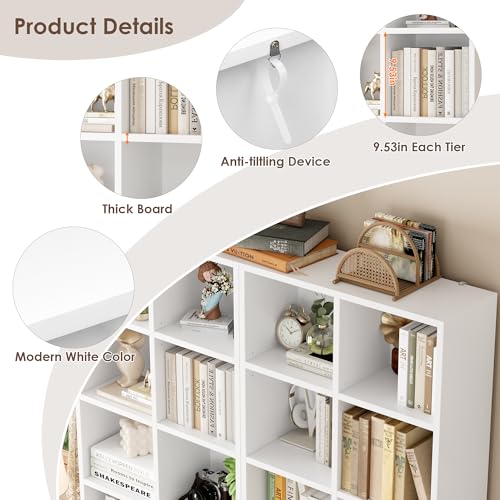 FOTOSOK 71'' Tall Bookshelf with 14 Cubes, 7 Tier Double Wide White Bookshelf with 6 Adjustable Shelves, 19.6" Narrow Bookcase DVD/CD Media Storage, Space Saving Display Shelf Cabinet, White - color: White