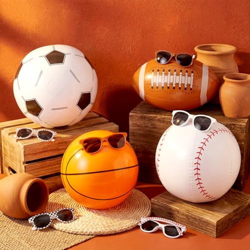 48 Pcs Inflatable Sports Beach Balls wtih Glasses for Party Favors Variety Pack Basketball, Baseball, Football, Soccer Beach Balls Sports Themed Summer Pool Birthday Decorations - style: Sports