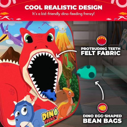 Swooc Games® - Dino Frenzy | 2-in-1 Corn Hole Games for Kids | 5-Second Setup | Dinosaur Bean Bag Toss Game for Kids | Kid Cornhole Game Set | Toddler Party Activity | Outside Bean Bags Kid Tossing