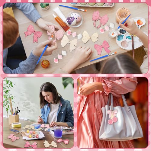 Saypacck 24 Pcs Pink Bow Party Favors Wooden Painting Craft Kits Birthday Party Supplies with Organza Bag for Goodie Bags Fillers Adult Thank You Gifts - style: Bowknot Style