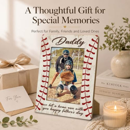 Baseball Dad Picture Frame, God Hit Home Run, Happy Daddy Gift from Kids, Home Bedroom Desk Shelf Table, Wood Sports Gifts