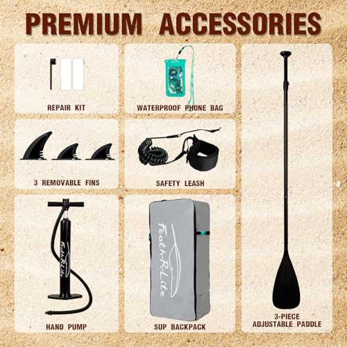 FEATH-R-LITE Inflatable Paddle Board Stand Up Paddleboards for Adults SUP with Premium Accessories Pump, Adjustable Paddle, Leash, Three Fins, Backpack - style: Ash Eagle