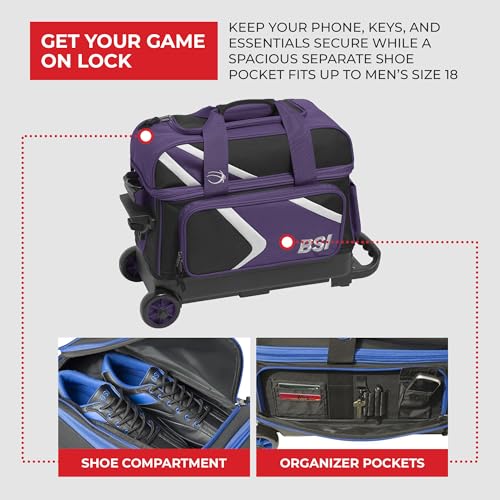BSI Dash Roller Bowling Bag with Smooth Rolling Wheels, Padded Ball Compartment, Retractable Locking Handle, & Shoe Pocket - color: Black/Purple/White, style: Double