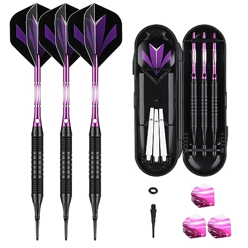 Darts Plastic Tip Set - 18g 21g Colorful Rainbow Soft Tip Darts 50 Anti-Loose O-Rings 6 Shaft (Aluminum/Nylon 45mm) 6 Durable Flights Extra 50 Soft Tips Electronic Dartboard - color: Purple-DART-D