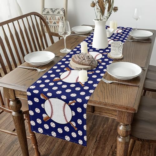 Erosebridal Cartoon Baseball Table Runner,Sports Ball Game Table Runners,Athletic Sport Lover Rectangular Runner Tabletop Decor,Blue White,13x108 Inch - size: 13" X 108"
