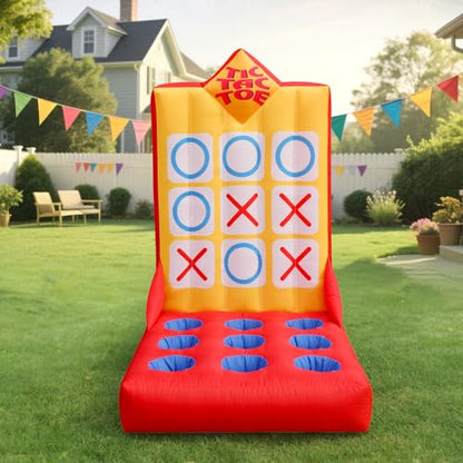 Inflatable Ball Toss Carnival Game with Built-in Blower, Portable Tic-Tac-Toe Toss Game for Backyard Party, School Carnival & Family Fun Event - style: Tic-Tac-Toe