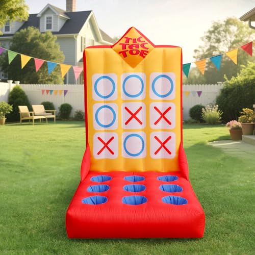 Inflatable Ball Toss Carnival Game with Built-in Blower, Portable Tic-Tac-Toe Toss Game for Backyard Party, School Carnival & Family Fun Event - style: Tic-Tac-Toe