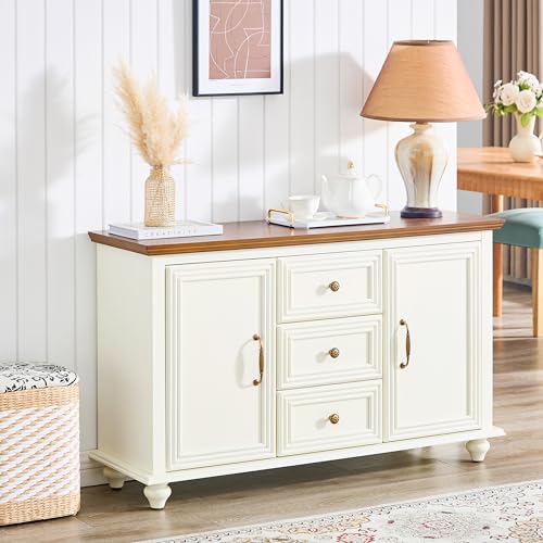 47.3’’ Traditional Sideboard Cabinet with Doors & Drawers, Brown & White | Vintage Wood Credenza Storage Buffet with Adjustable Shelves, 2-Toned Entryway Console for Living Room & Dining Room - color: Brown & White