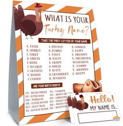 Thanksgiving Party Decorations, Thanksgiving Games for Adult Turkey Hunt Game, What's Your Turkey Name,1 Game Sign and 30 Name Stickers, Activity Games for Adult Parties, Holiday Activity - style: Thanksgiving 001