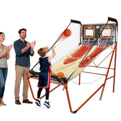 Foldable Indoor Basketball Arcade Game with Steel Frame Indoor Double Electronic Basketball Machine with 5 Size 7 Inch Balls for 2 Players Basement Game Rooms