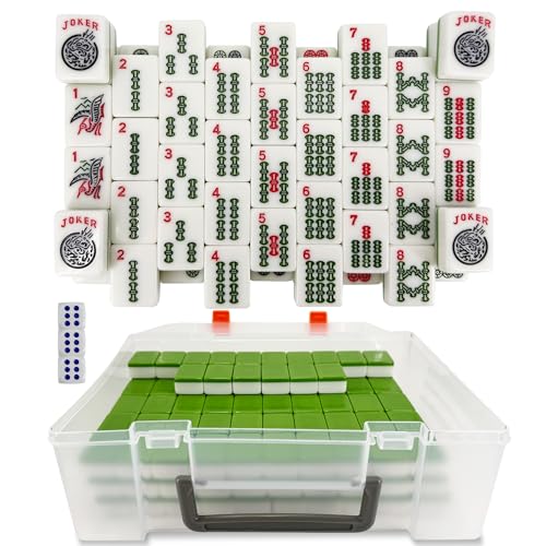 166 American Mahjong Tiles Only with Portable Carrying Storage Box & 3 Dice, 1.2" Mahjong Set for Party, Play with Friends Family (Green) - color: Green