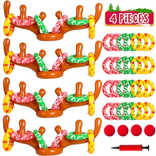 MGparty Christmas Inflatable Reindeer Antler Toss Games Xmas Ring Toss Game for Kids Teens Adults Indoor Outdoor Family Holiday Party Gifts - color: Brown-4 Pack