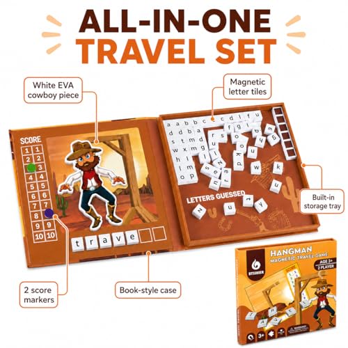 Magnetic Hangman Game for Kids Ages 4-10, Reusable Travel Word Game, Screen-Free Learning Toy for Road Trips, Airplane Activities and Car Rides - color: Hangman