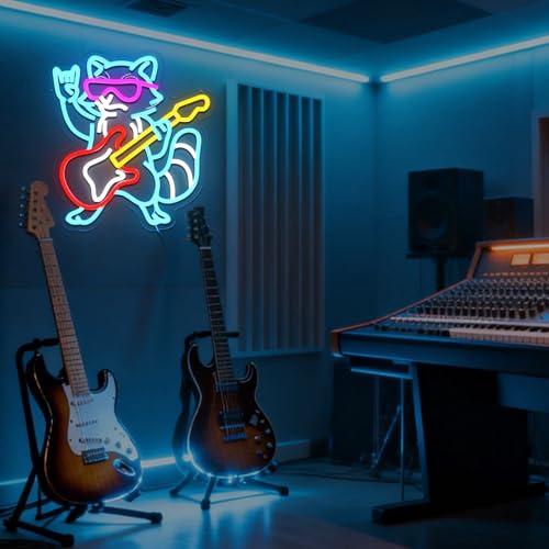 Raccoon Guitar Neon Sign for Wall Decor, Cool Guitarist Led Signs for Bedroom, USB Dimmable Cute Animal Neon Lights for Bar Live Music Concert Club Game Room Studio Party Home Decoration - style: Raccoon Guitar