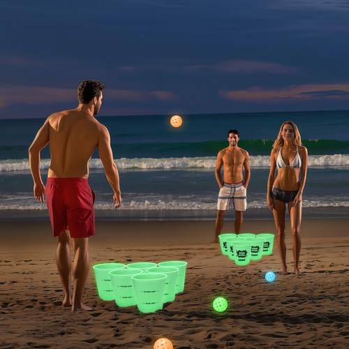 Yard Pong Outdoor Games, Giant Yard Games Set with 12 Buckets and Balls for Adults and Family, Toss Game Throwing Games for Beach, Camping, Lawn and Backyard - color: green
