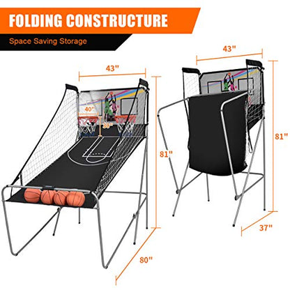 GYMAX Arcade Basketball Game Indoor Foldable with 8 Game Modes, Arcade Sound, 4 Balls and Inflation Pump, Electronic Basketball Games for All Ages Home - color: Silver