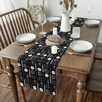 Castle Fairy Baseball Tabletop Decor for Kitchen Or Dining, Ball Games Table Runners for Boys Teens Adult,Baseball Bat Table Mat 13 X 48 Inches, Black White - size: 48"x13"