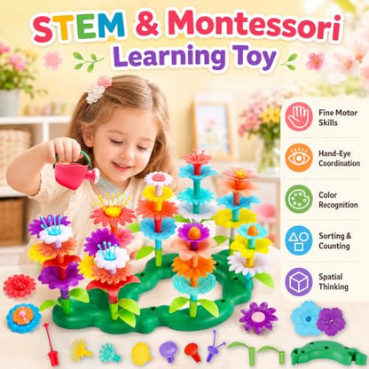 FUNZBO Girl Flower Garden Building Toys Set - Birthday Gifts for Age 3 4 5 6 7 8 Years Old Girls, STEM Montessori Educational Toy for Toddler Kids, Sorting & Stacking Spring Gardening Set - size: Starter Set - 46pcs