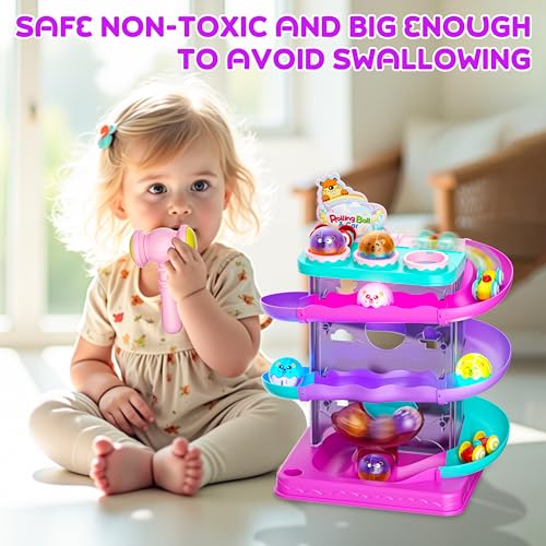 2-in-1 Light-Up Ball Drop & Car Ramp Track Toy with Hammer for Toddlers | Hammer, Launch, Roll and Race with a 2-in-1 Track Toy Made for Hands-On Fun - color: Pink + Purple + Cyan + Peach