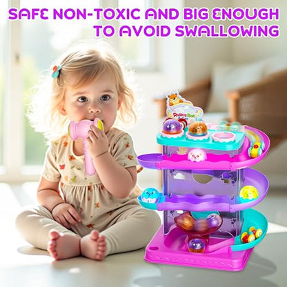 2-in-1 Light-Up Ball Drop & Car Ramp Track Toy with Hammer for Toddlers | Hammer, Launch, Roll and Race with a 2-in-1 Track Toy Made for Hands-On Fun - color: Pink + Purple + Cyan + Peach