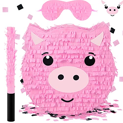 Deekin Pig Piñata Stick with Blindfold Confetti Set Pig Piñata for Birthday Party Decorations Kids Farm Party Gaming Theme Pets Holiday Celebration Supply - style: Pig