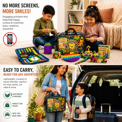 Kids Travel Activity Kit, 10-in-1 Montessori Busy Board, LCD Writing Tablet, Wooden Puzzle, Flash Cards & Sensory Fidget Toys, Screen-Free Travel Toys, Gift for Kids Ages 3–10