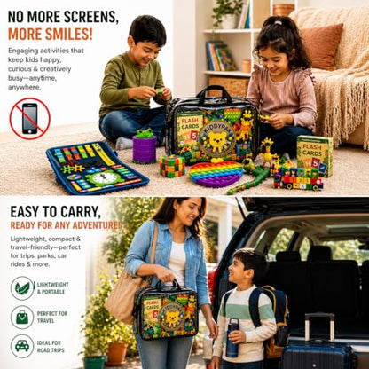 Kids Travel Activity Kit, 10-in-1 Montessori Busy Board, LCD Writing Tablet, Wooden Puzzle, Flash Cards & Sensory Fidget Toys, Screen-Free Travel Toys, Gift for Kids Ages 3–10
