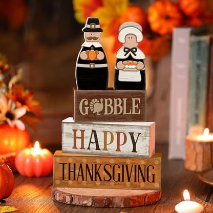 Lineshading 4 Pcs Fall Decoration for Home Wooden Pilgrim Couple Decor Thanksgiving Tiered Tray Decor Fall Centerpiece Rustic Decorative Pilgrim Block Sign Gift Farmhouse for Kitchen - style: Classic Pilgrim
