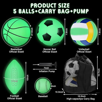 Sratte 5 Pcs Glow in The Dark Sport Ball Set for Kid Teen Official Size Football Basketball Soccer Ball Volleyball Baseball with Carry Bag and Pump Back to School Gift