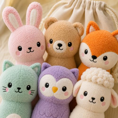 Juju Soft Bowling Set Six Animal Pins – Velour Bunny Bear Fox Cat Owl and Lamb with Weighted Bases – Soft Fabric Ball and Drawstring Storage Pouch – Indoor Active Set
