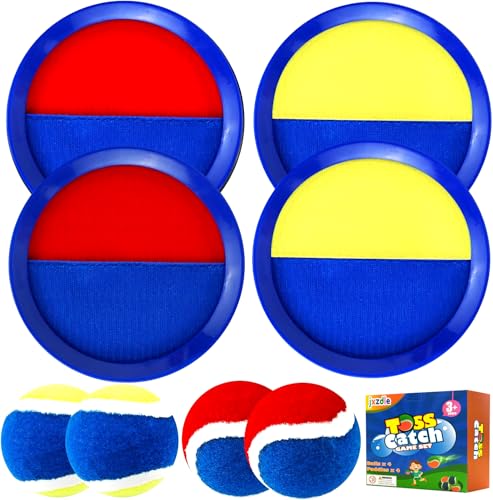Toss and Catch Game Set, Outdoor Games with 4 Paddles 4 Balls and 1 Storage Bag, Great Outdoor Toys/Gifts for Kids, Classic Beach and Yard Games - color: Yellow and Red