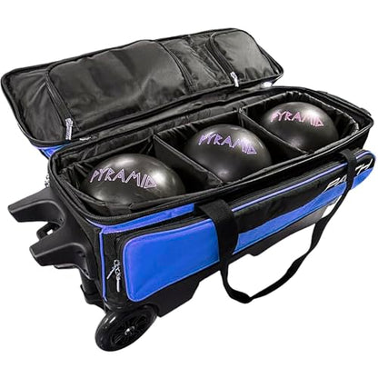 Pyramid Path Triple Premium Deluxe Roller Bowling Bag With Extra Large Separate Shoe Compartment (Up To US Mens Size 16) and 5 Accessory Pockets, 5" Wheels, Retractable Locking Handle - Extends to 42" - color: Black/Royal Blue