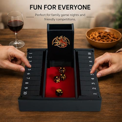 Shut the Box Dice Board Game Wooden for 2 Players,Close the Box Game with 4 Dice,Dice Tower and Manual, Classic Family Board Game for Game Night (2-Players)