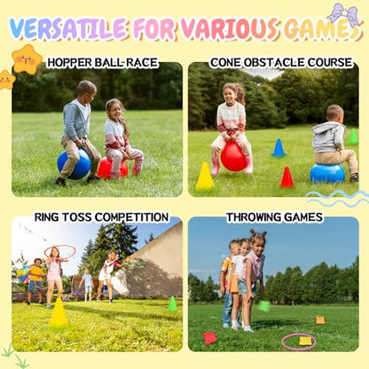JOY SPOT! Carnival Outdoor Games Combo Set for Kids, 18 Inch Hopper Balls with Handles, Ring Toss, Bean Bags, Egg Spoon Relay Race, Fun for Backyard, Field Day, School, Birthday Parties, Family Events - style: Standard