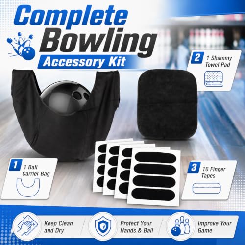 RAINFLOW 18PCS Bowling Accessories for Men Women - 1PC Bowling Ball Bag,1PC Towel and 16PCS Thumb Tape,Black BowlingBall Cleaner and Polisher