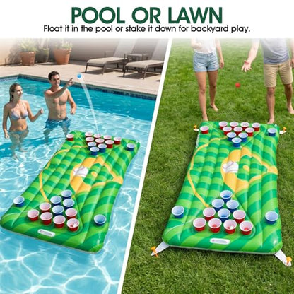 Baseball Pool Float & Inflatable beer Pong Table - 6ft Heavy Duty Reversible Ballpark Lounge for Adults, Complete Game Set for Pool Party, Lake & Backyard BBQ, Includes Balls, Cups, Pump, Stakes & Bag - color: Baseball