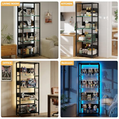 4-Tier Glass Display Shelf for Collectibles, Display Case with LED Lights and Open Glass Storage Shelf, Lighted Tall Narrow Shelf, Metal Curio Cabinet with Hooks for Gaming Room, Living Room, Bedroom - size: 65 x 23.6 x 13.8 in -4-Tier