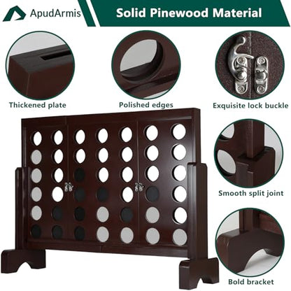 ApudArmis Wooden 4 in a Row Game, Classic Wooden 4-to-Score Game Set with Coins & Carrying Bag-Indoor Outdoor Games for Adults Family