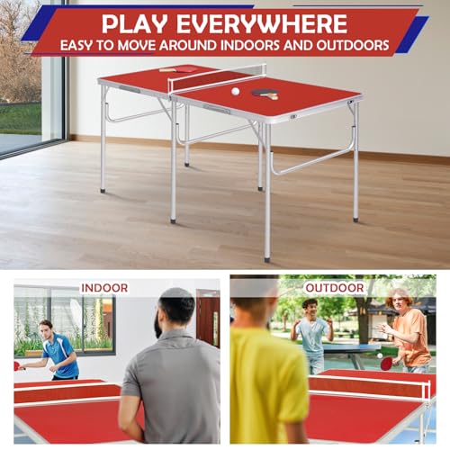 Portable Ping Pong Table, Foldable Indoor Table Tennis Game with 2 Paddles 2 Balls and Net, Quick Assembly Folding Table for Adults and Teens Home Game Room - color: 5ft-red