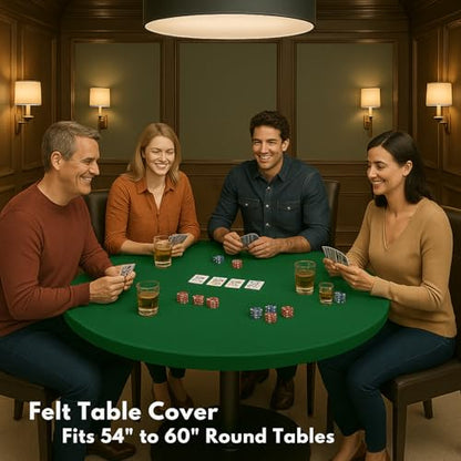 Felt Card Game Table Cover for Playing Cards Poker, Mahjong, Domino, Bridge and Board Game, Elastic Fitted Tablecloth for 58 to 64 Inch Round Tables- Green
