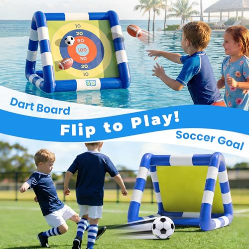 Funscape Kids Soccer Pool Toy, 2-in-1 Inflatable Float Soccer Goal & Ball Toss Water Game, Toddler Outdoor Football Backyard Game, Summer Beach Pool Party Gift 3 4 5 6 7 8 10 12 Year Old Boy Girl Teen - style: Striped Pattern